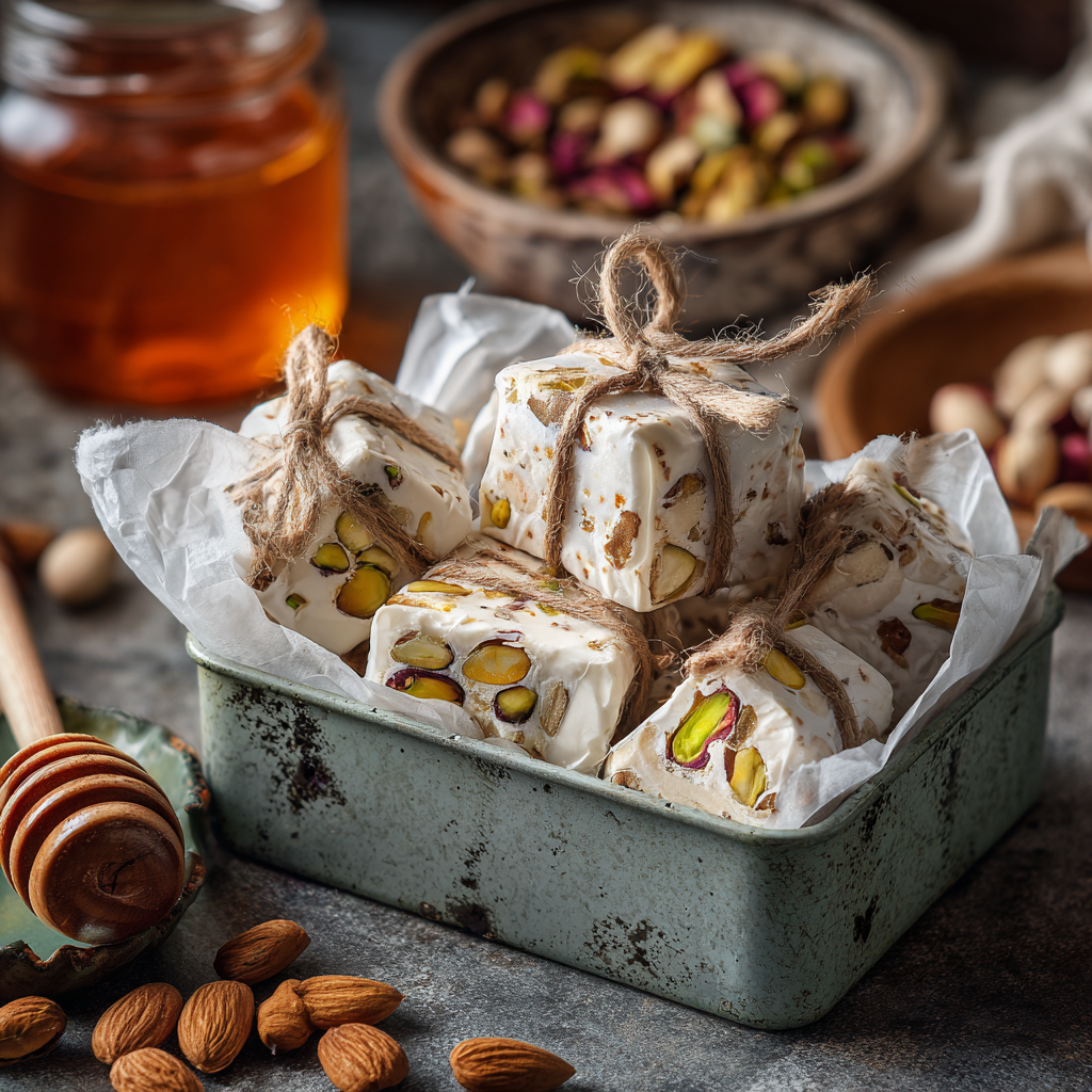 Italian soft nougat pieces wrapped individually in parchment paper, tied with twine, arranged in a rustic tin box.