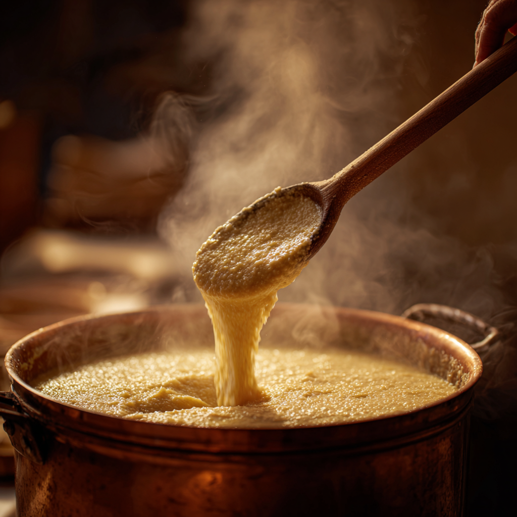 bubbling polenta taragna in a copper pot with a long wooden spoon.
