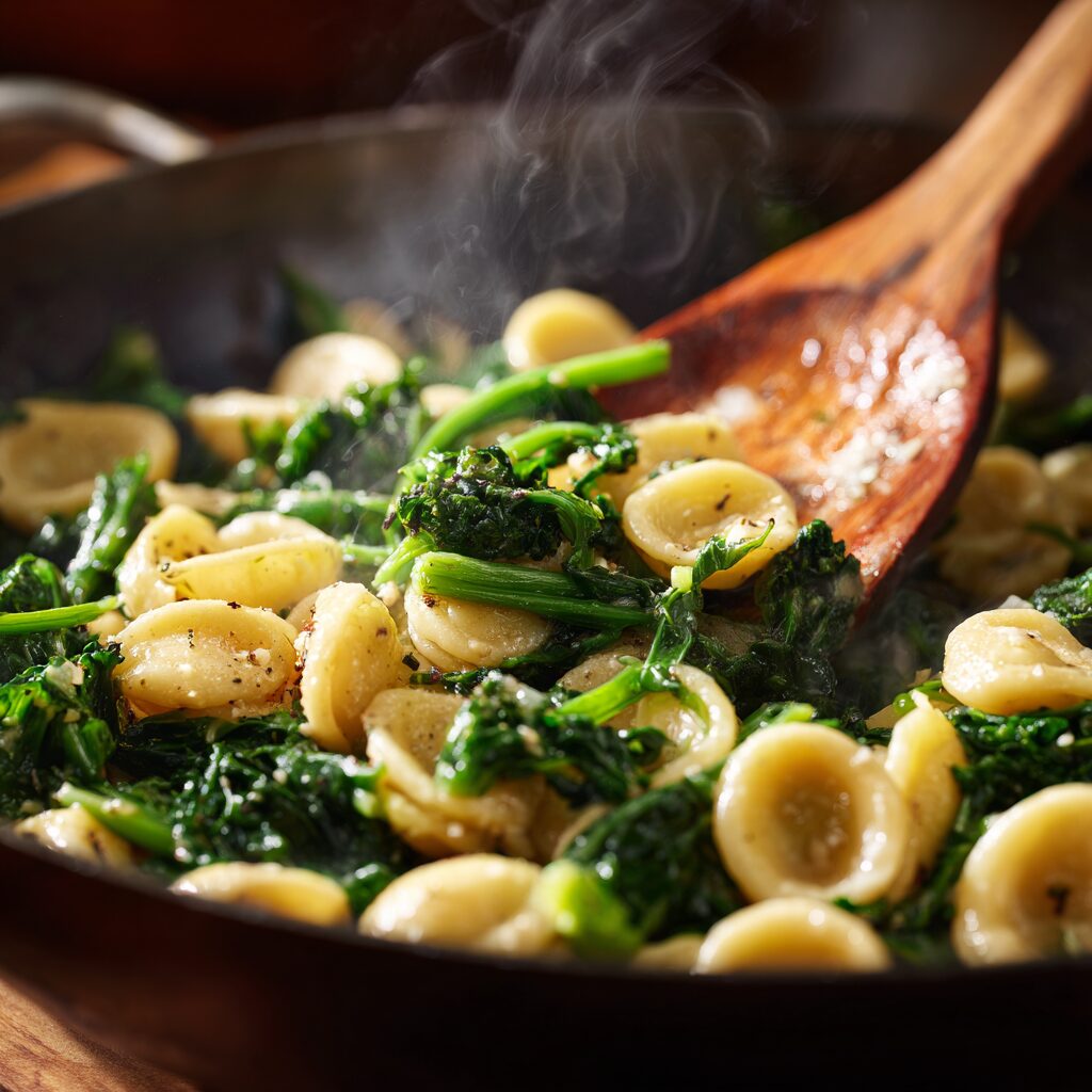orecchiette pasta being tossed in a pan with bright green cime di rapa, olive oil glistening