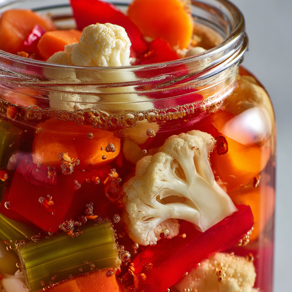 open jar Giardiniera Italiana Sott’Aceto showing crisp cauliflower, carrot slices, celery sticks, and red bell pepper pieces shining through clear brine.