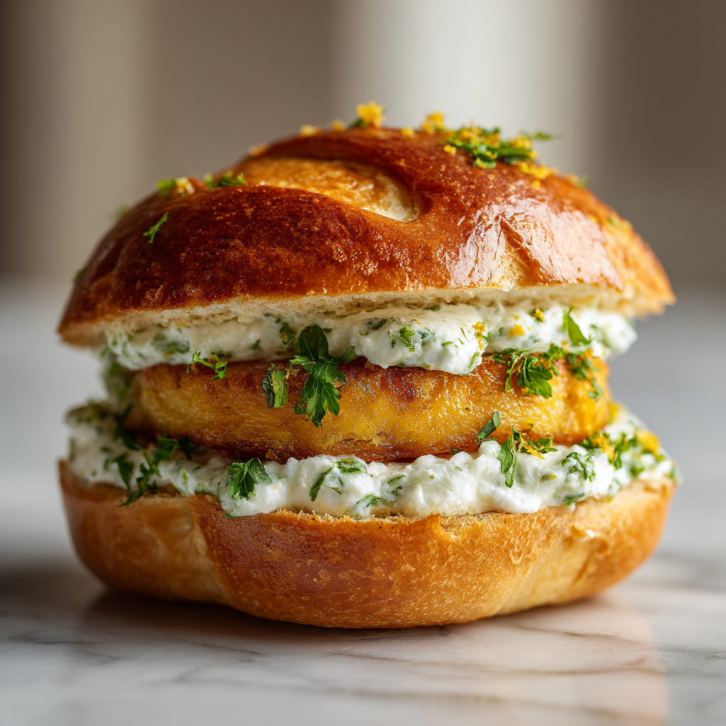 A brioche sandwich filled with two golden panelle fritters, creamy ricotta and pecorino spread, parsley, and lemon zest on top.