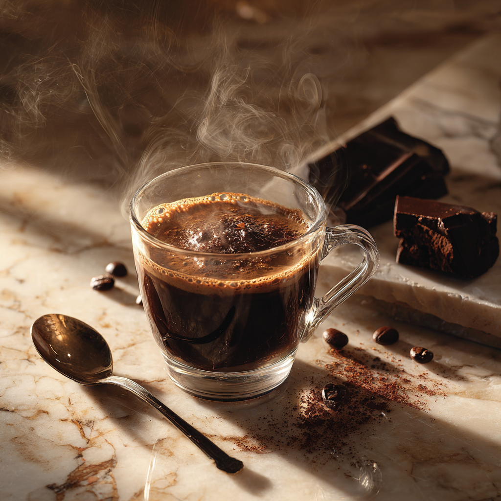 A cozy kitchen countertop with a freshly made Bicerin Torino cocktail dessert in a small clear glass