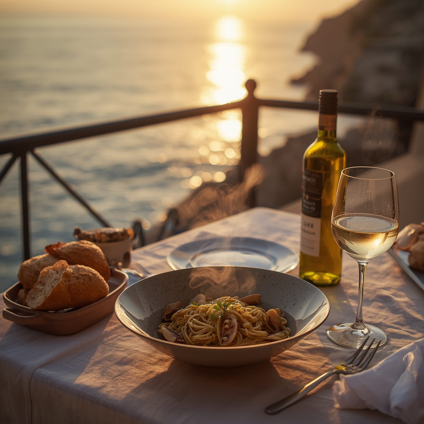 Italian dinner table by the sea at sunset, a bowl of spaghetti alle vongole Ligurian style with steam rising