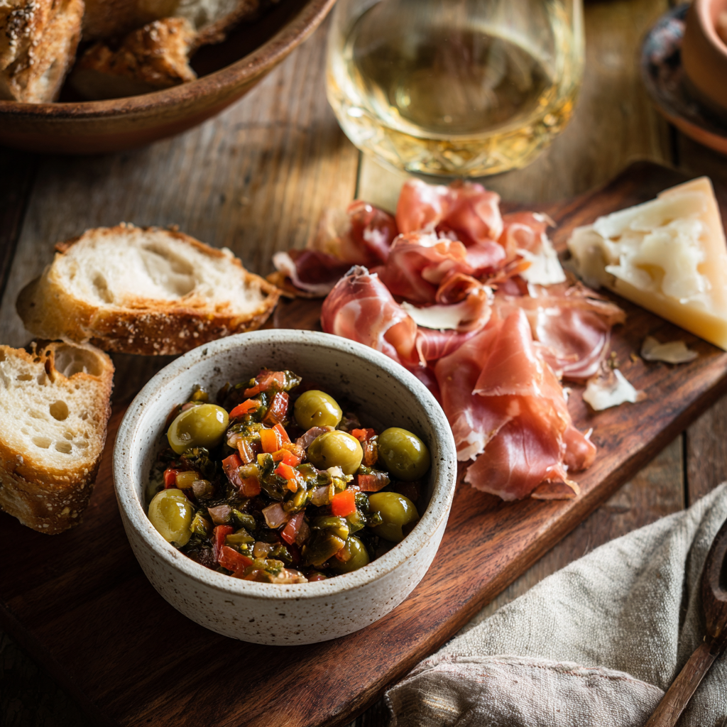 An Italian antipasto board with a small bowl of Giardiniera Italiana Sott’Aceto served beside prosciutto, Parmigiano-Reggiano, green olives, and crusty bread.