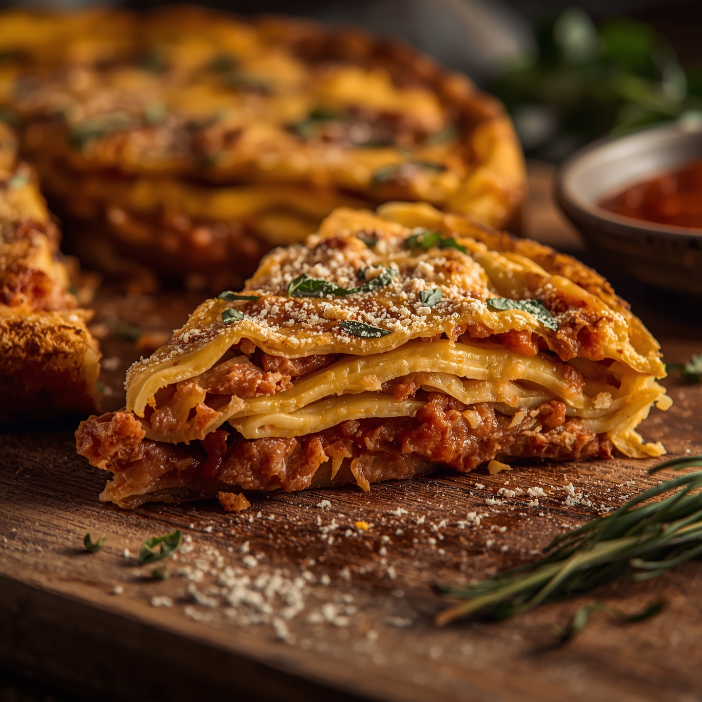 rustic pasta frittata slice showing bucatini and ragù inside, browned perfectly with a crispy golden crust.