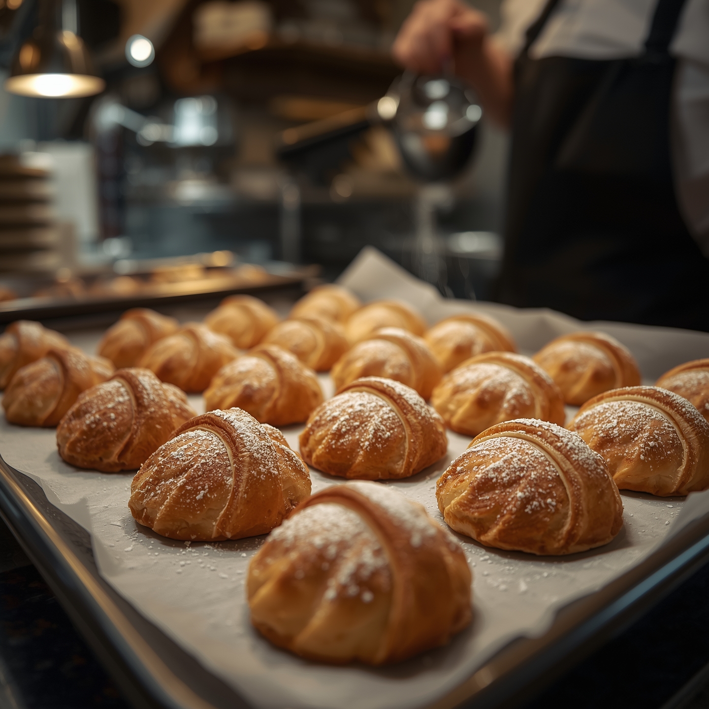sfogliatella riccia pastries cooling on parchment paper in a Neapolitan bakery
