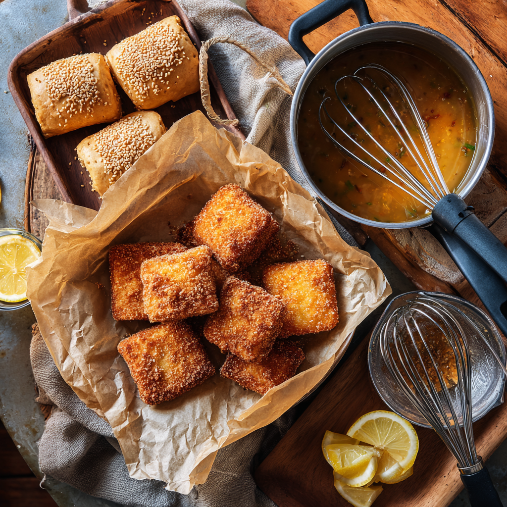 freshly fried panelle squares on parchment paper beside a saucepan, whisk, and lemon wedges.