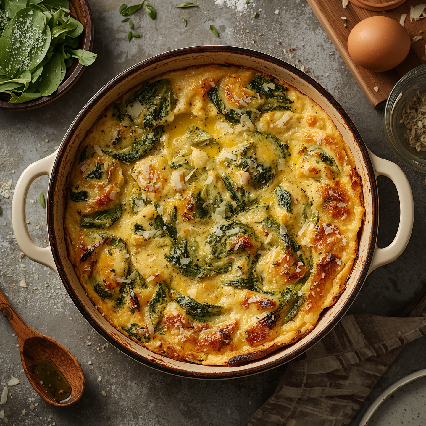 A crustless spinach ricotta pie baked in a ceramic dish, golden top with light browning, rustic Italian kitchen scene with herbs