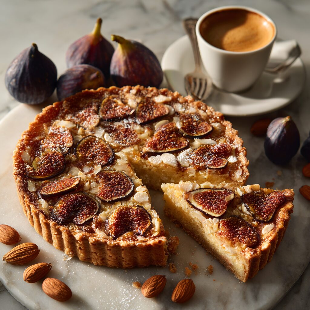 A whole Italian ricotta fig crostata with one slice removed, served on a marble surface with fresh figs and almonds scattered around
