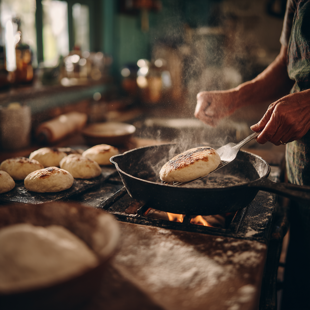 tigelle cooking on a hot cast-iron pan. Hands flipping one bread with a spatula.