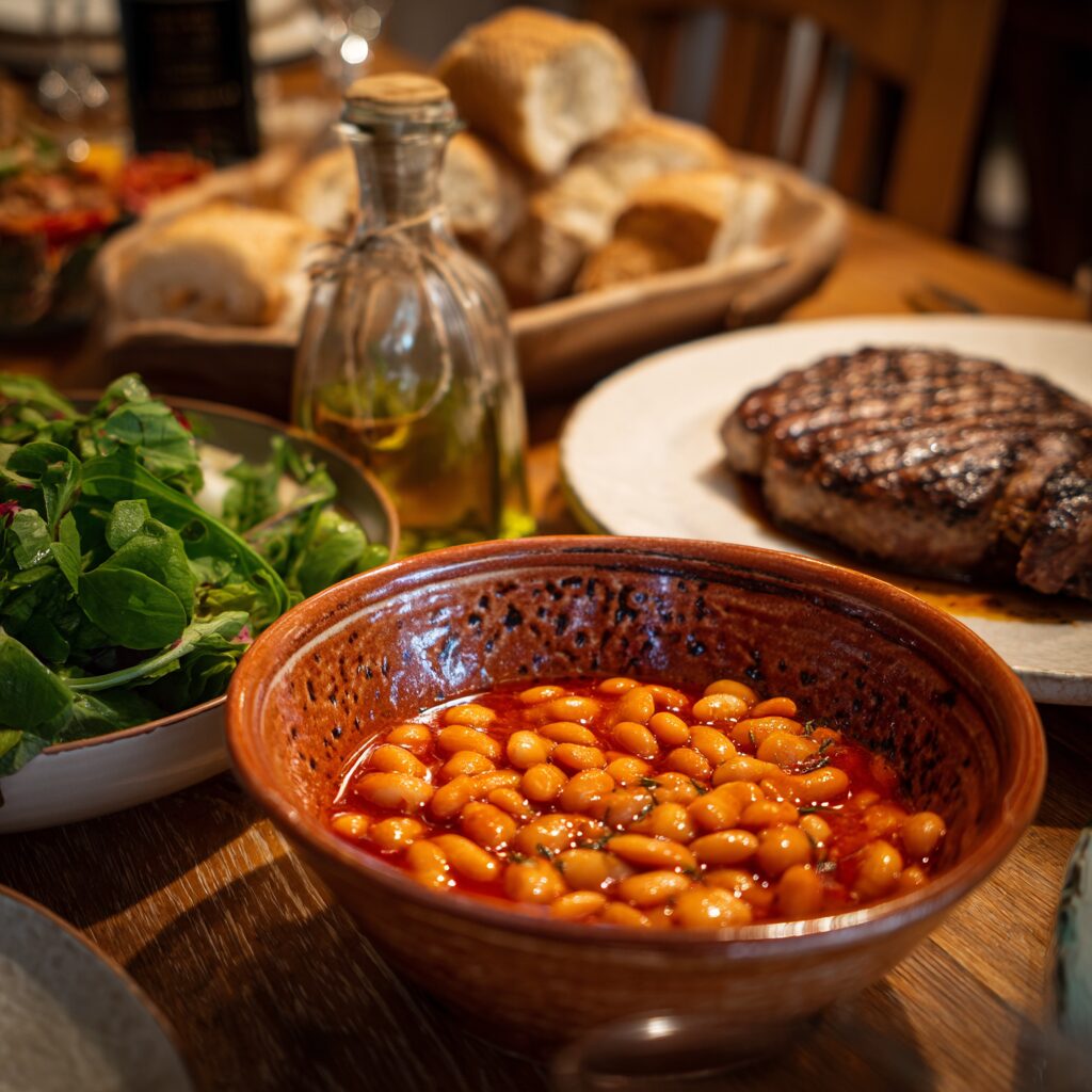 Tuscan beans in tomato sauce, a drizzle of olive oil, grilled steak and a green salad in the background