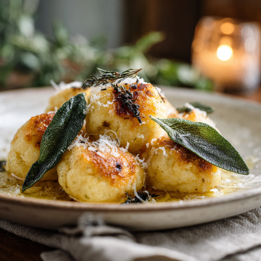canederli served without broth, drizzled with browned butter and crispy sage leaves, topped with shaved Parmigiano.