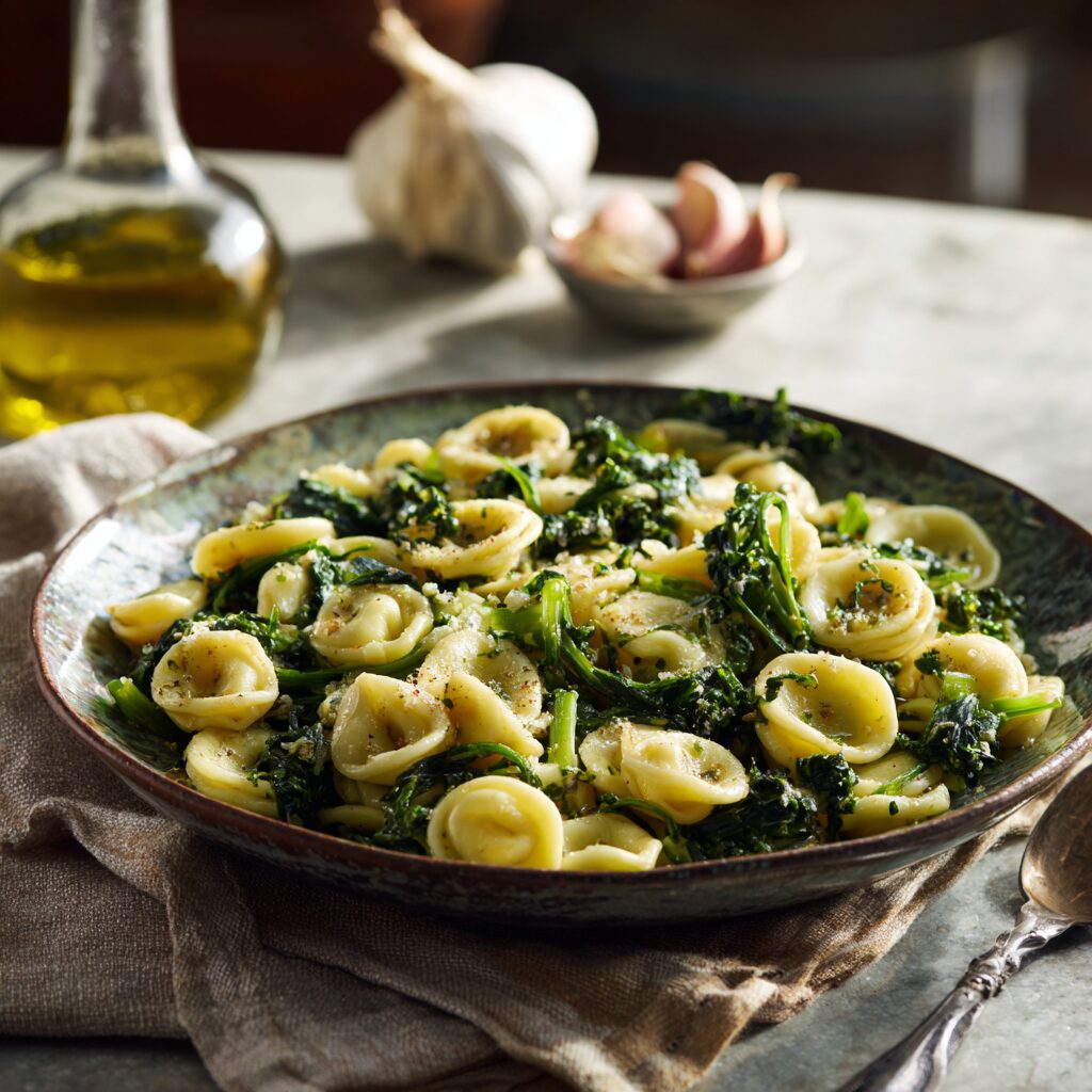 serving platter of light orecchiette con cime di rapa placed on a kitchen counter, surrounded by olive oil bottle,