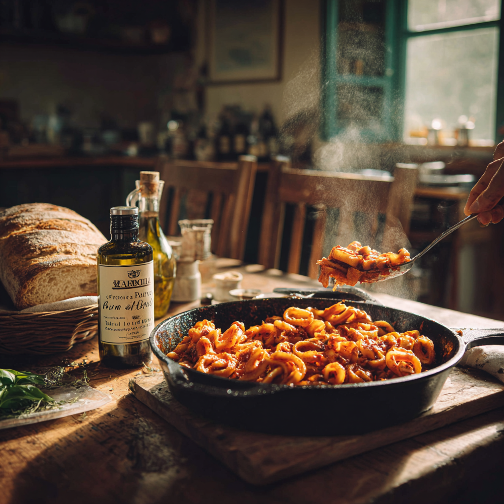 fileja pasta Calabria from a cast-iron pan, steam rising, glossy red sauce coating twisted pasta.