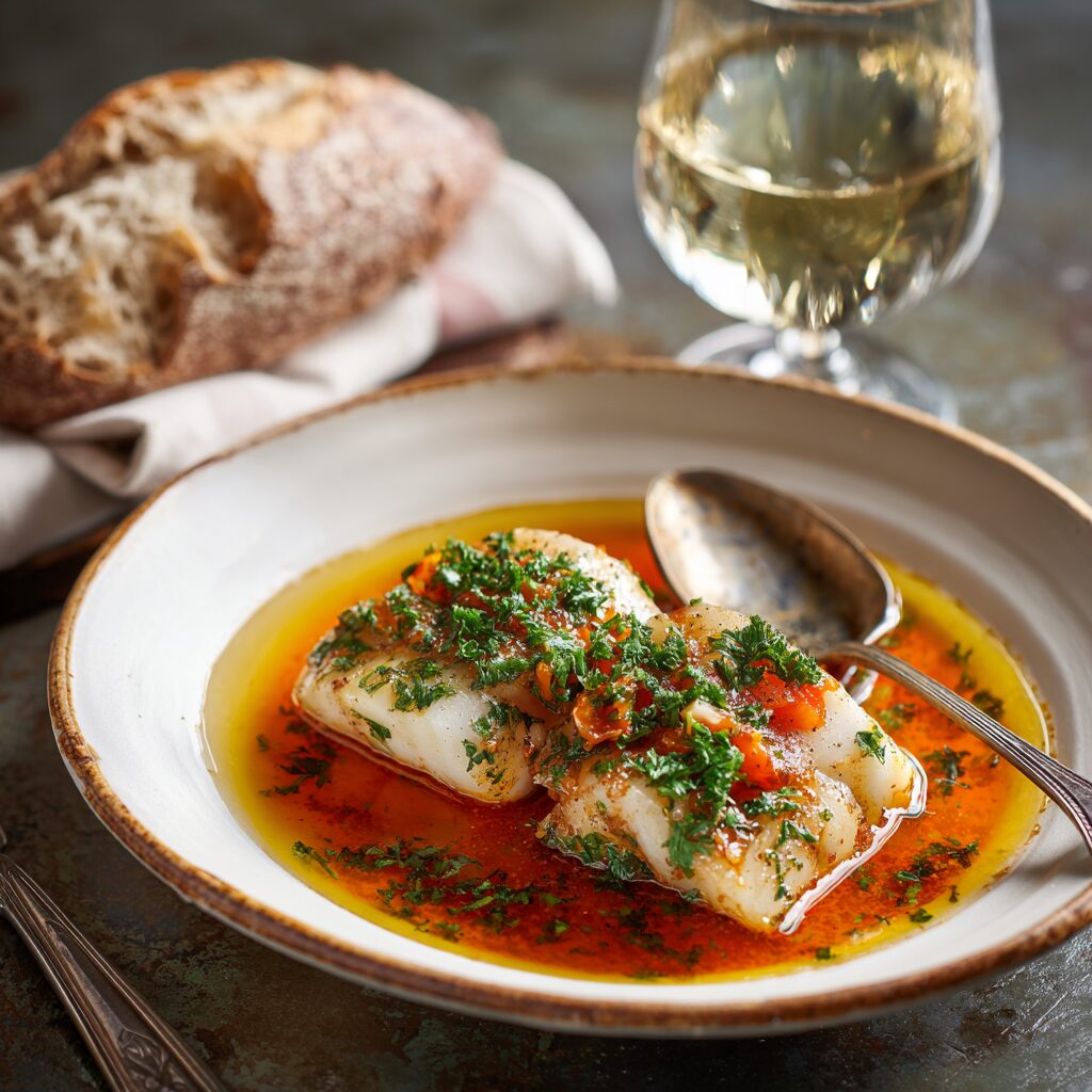 Pesce all’acqua pazza on a white ceramic dish with a golden drizzle of olive oil and parsley sprinkled over tender white fish fillets.
