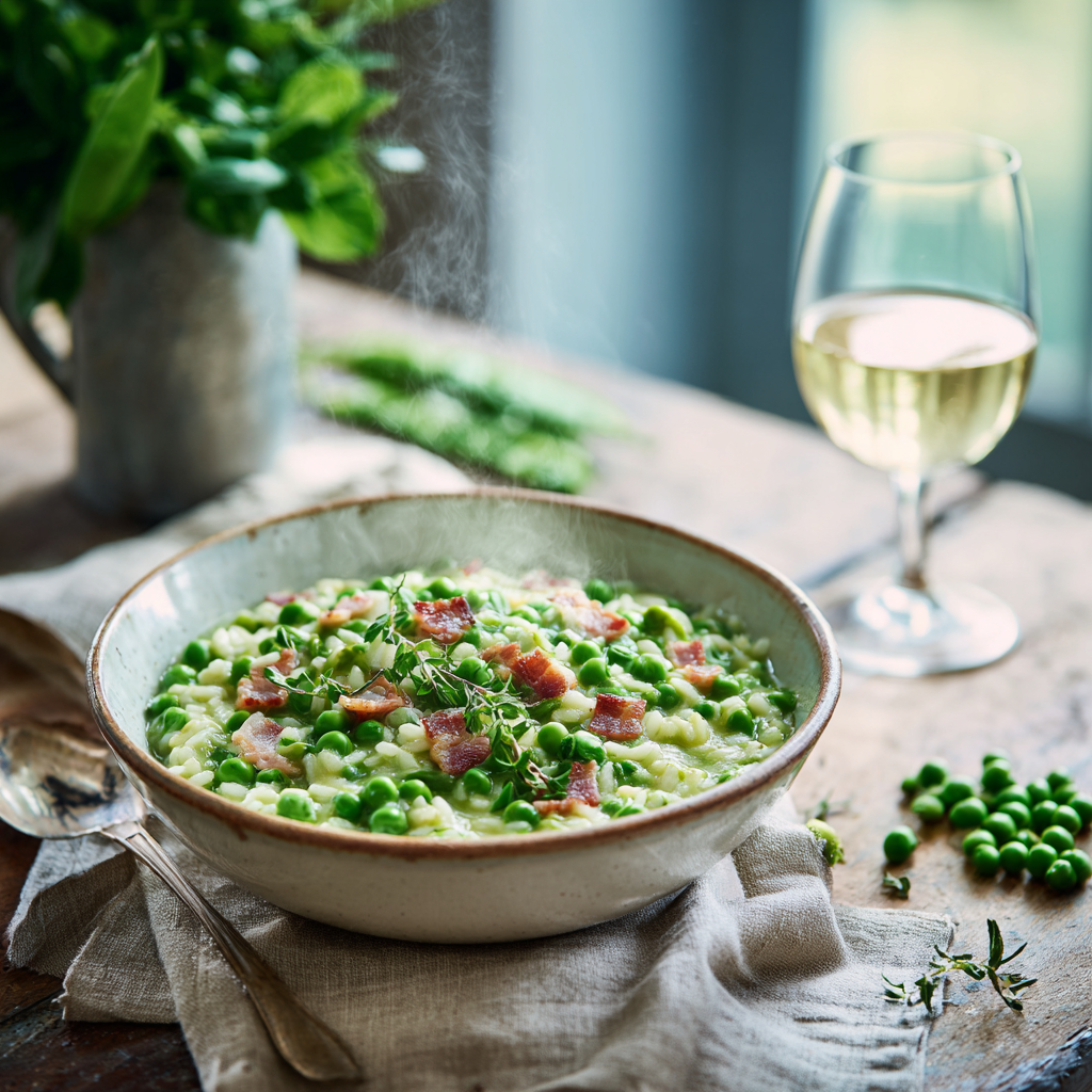 Italian kitchen table setting with a bowl of risi e bisi placed on a linen napkin, next to a glass of white wine and fresh peas scattered nearby.
