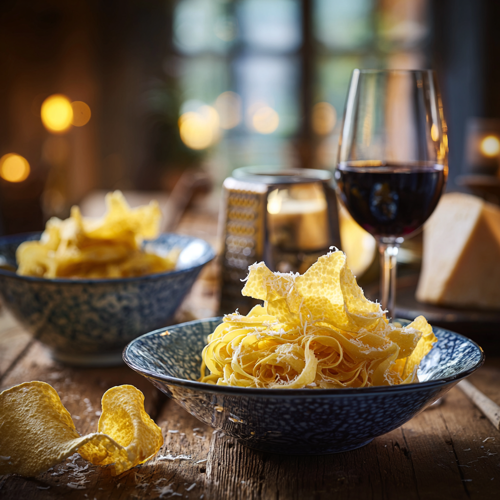 Tajarin pasta bowls, a glass of red wine (Dolcetto d’Alba), Parmigiano wedge, and truffle slicer nearby.