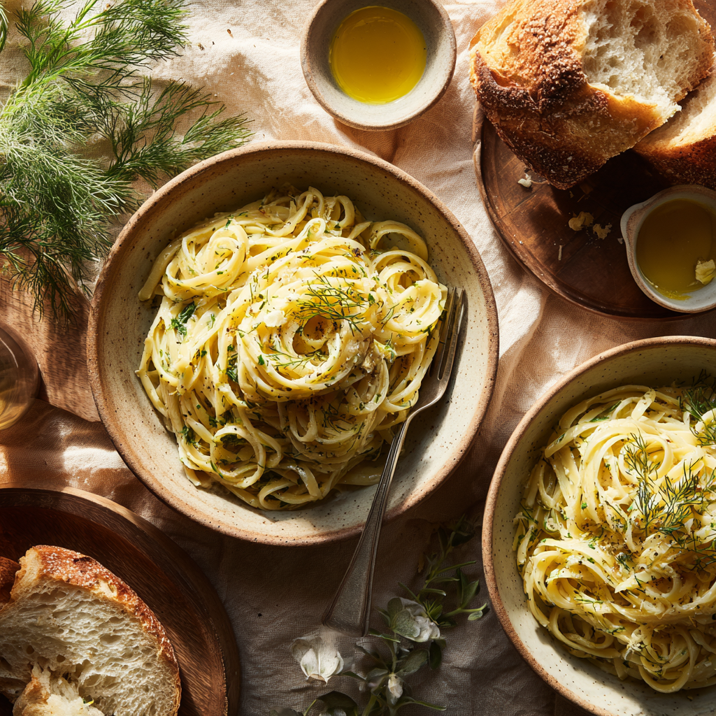Overhead flat-lay of a table with two bowls of wild fennel pasta, a small dish of olive oil, crusty bread, and a few raw fennel fronds on the side