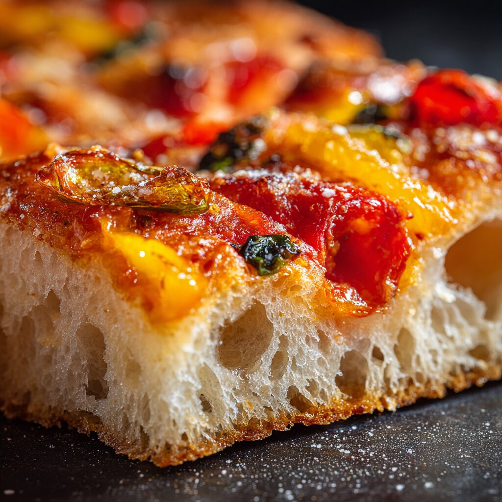 pizza al taglio showing tall airy crumb, blistered edges, and bright tomato base.
