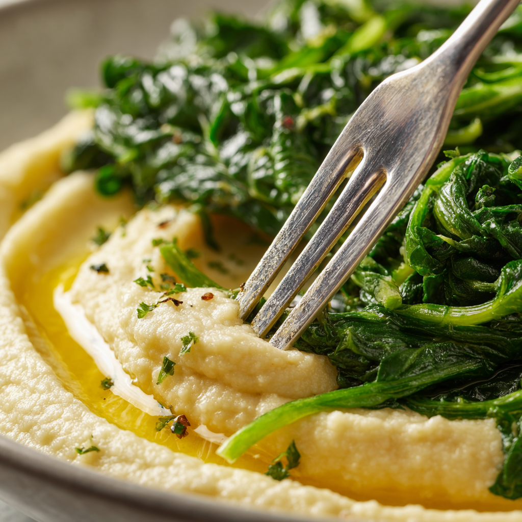 creamy fava bean purée being swiped with a fork or spoon through the green chicory leaves, showing steam, glossy texture, and olive oil glistening.