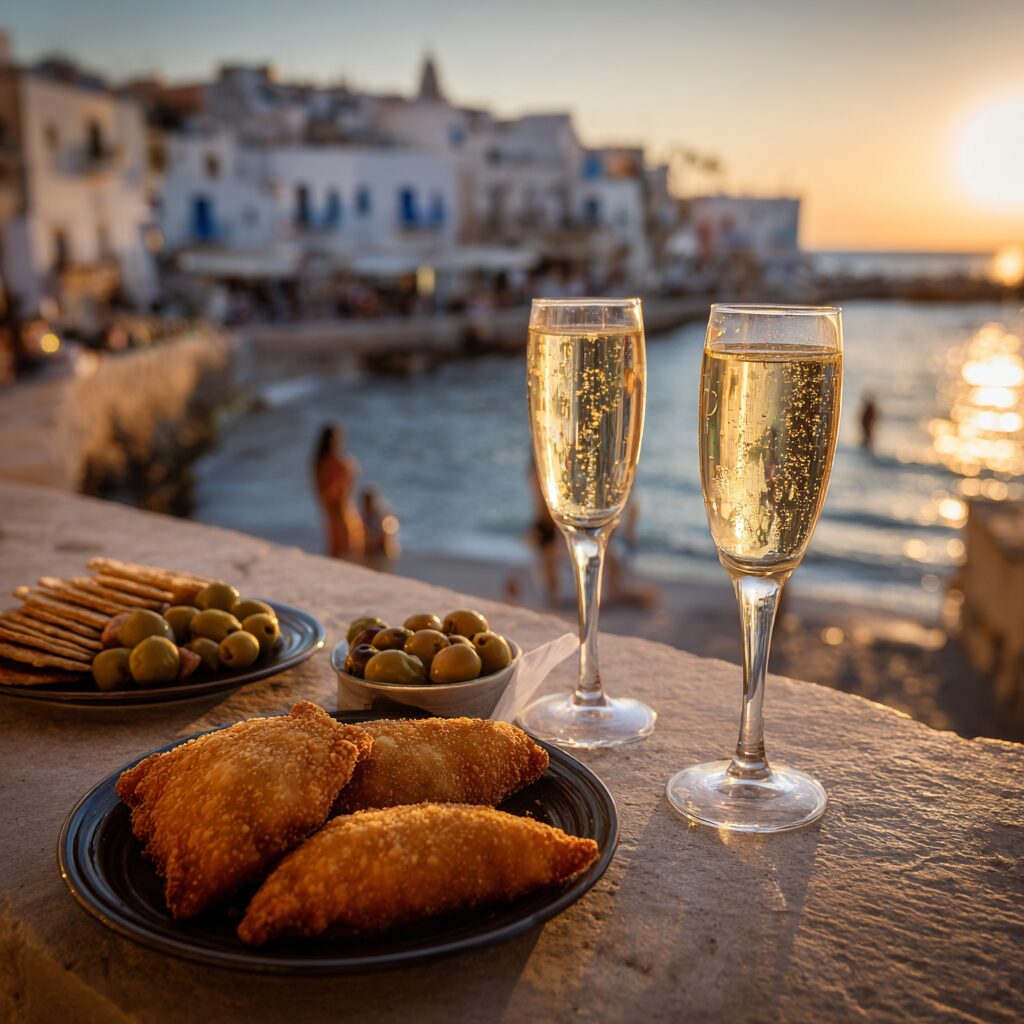 golden fried panzerotti served with olives, taralli, and glasses of sparkling wine on a bar counter at sunset in Puglia, Italy