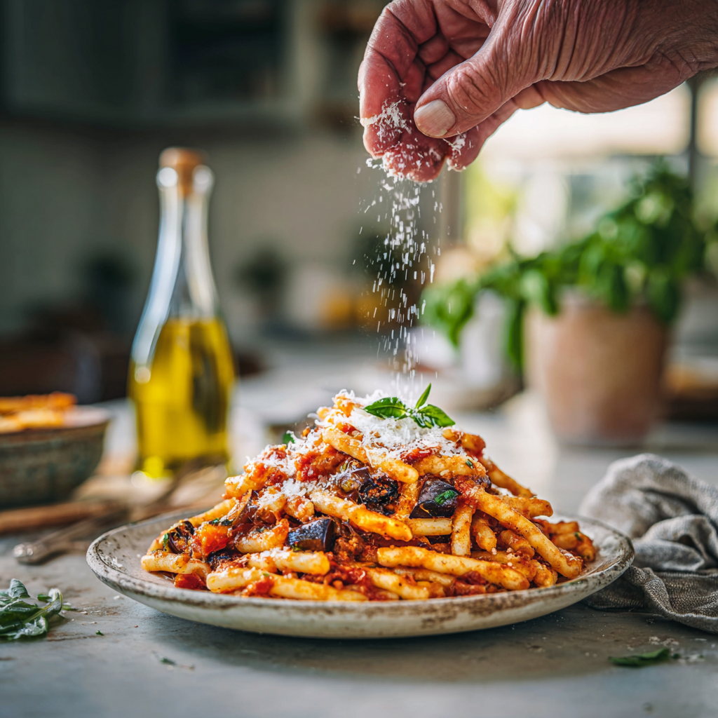 Sicilian pasta dish being plated on a kitchen counter. Steam rising from the pasta, visible strands coated in tomato sauce