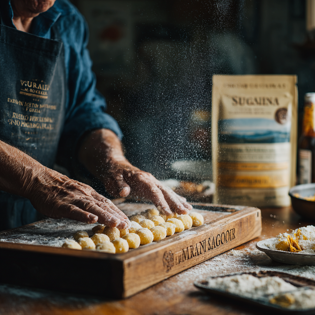 Sardinian gnocchi on a wooden gnocchi board, flour dust in the air, semolina dough on the counter, saffron threads and sausage pan