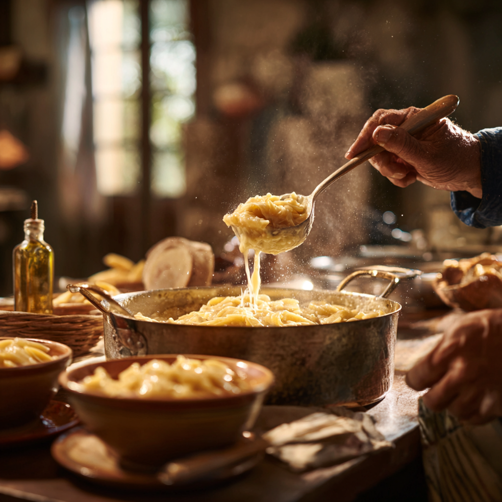 creamy pasta e patate from a pot into bowls. The sauce looks glossy and thick, cheese melting, olive oil glistening.