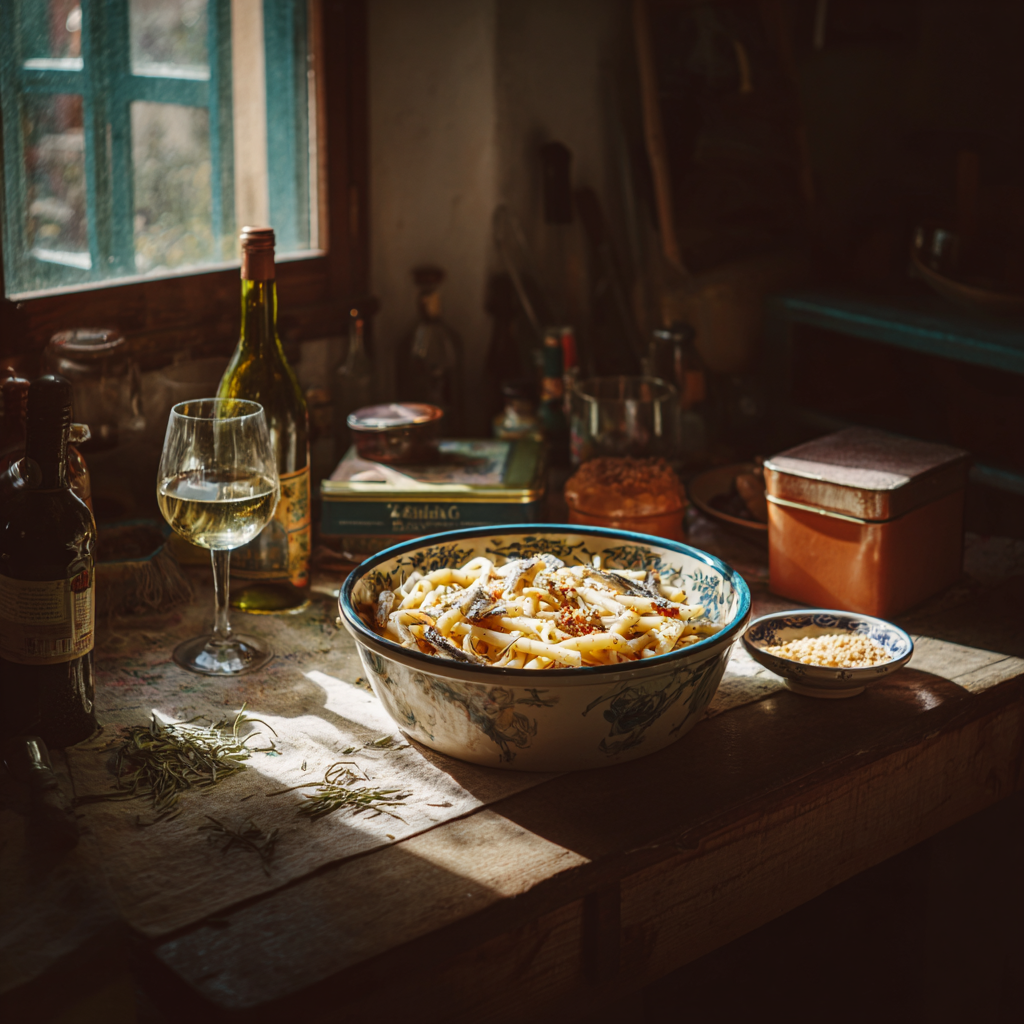 serving bowl of Pasta con le Sarde, a glass of white wine, a small dish of toasted breadcrumbs, olive oil tin, and fennel fronds scattered around.