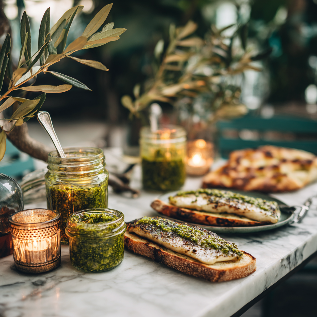 pistachio pesto, slices of toasted focaccia, and grilled fish topped with pesto drizzle.