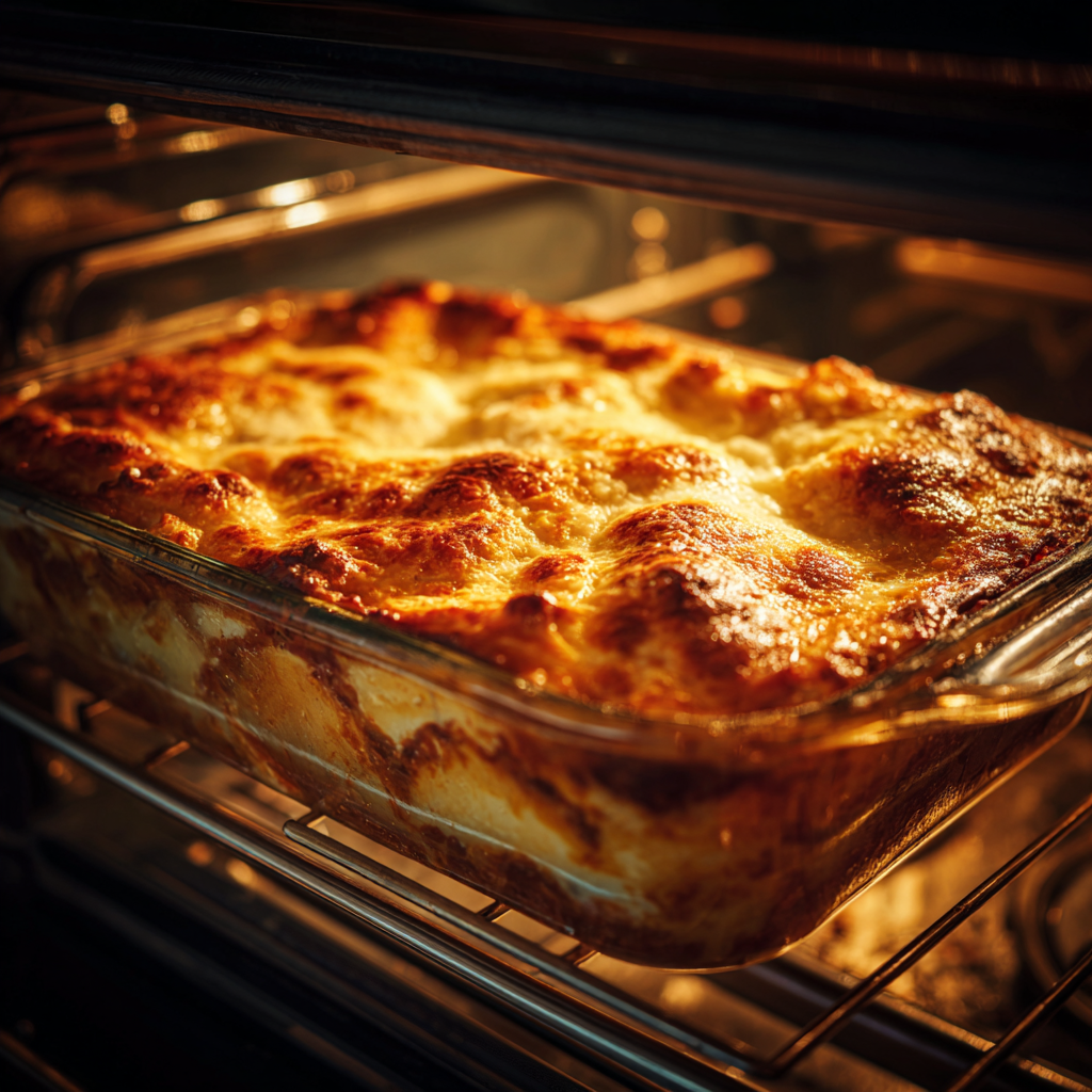 Vincisgrassi Lasagna baking inside an oven, top layer bubbling and edges slightly crisping, warm golden tones,