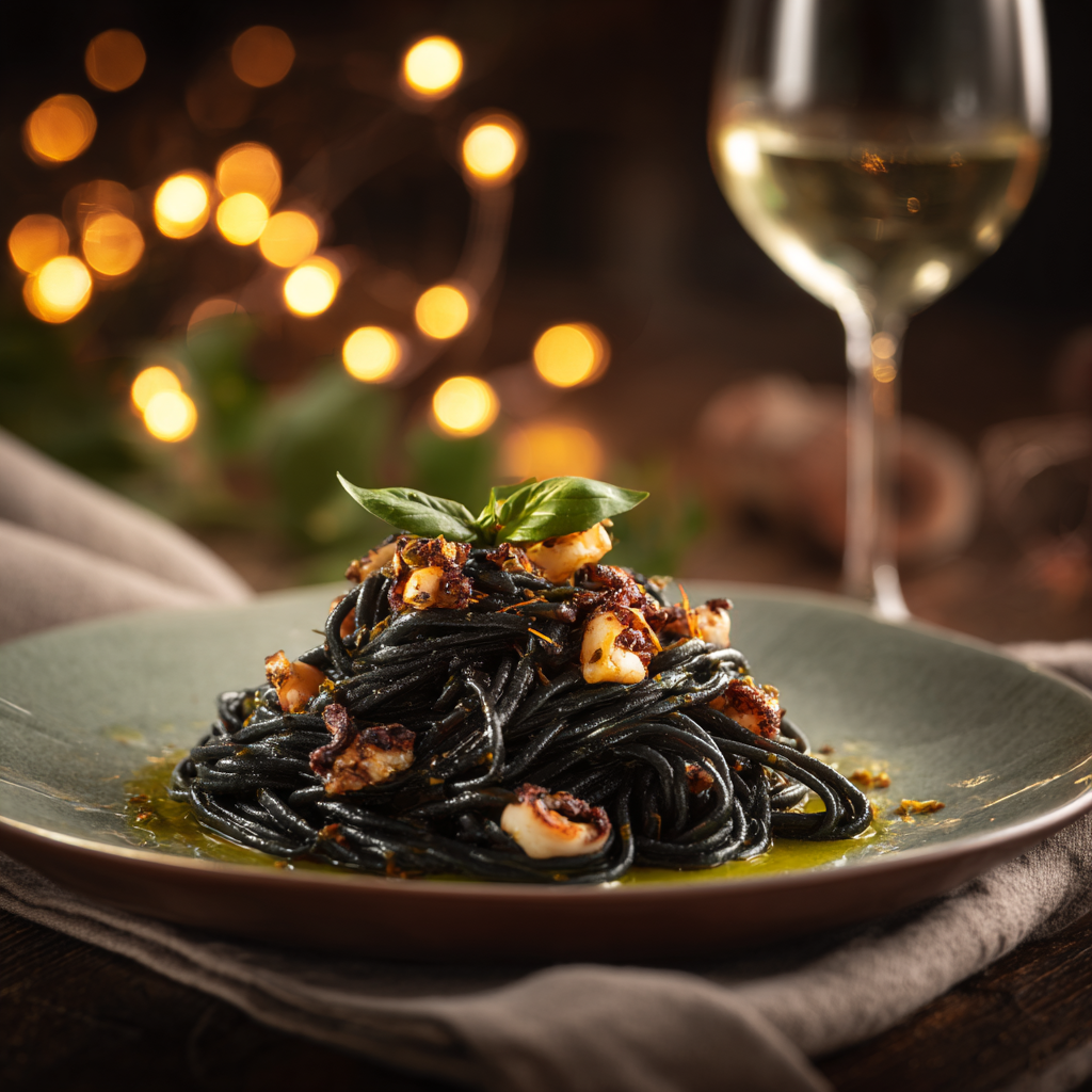 squid ink pasta with white wine glass and linen napkin beside the plate.