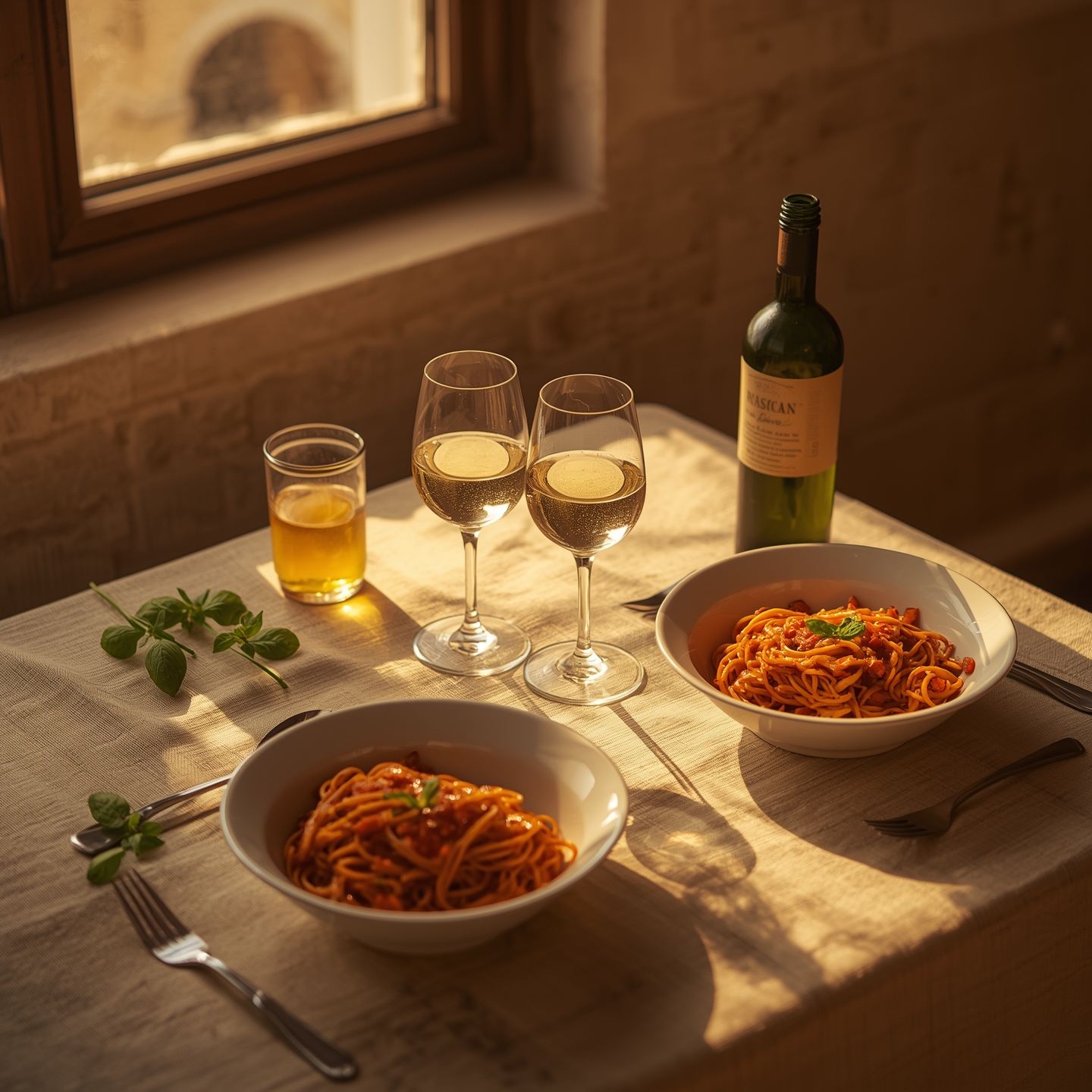 dinner table set for two with bowls of Spaghetti alla Nerano, glasses of white wine, olive oil bottle, and basil sprigs nearby