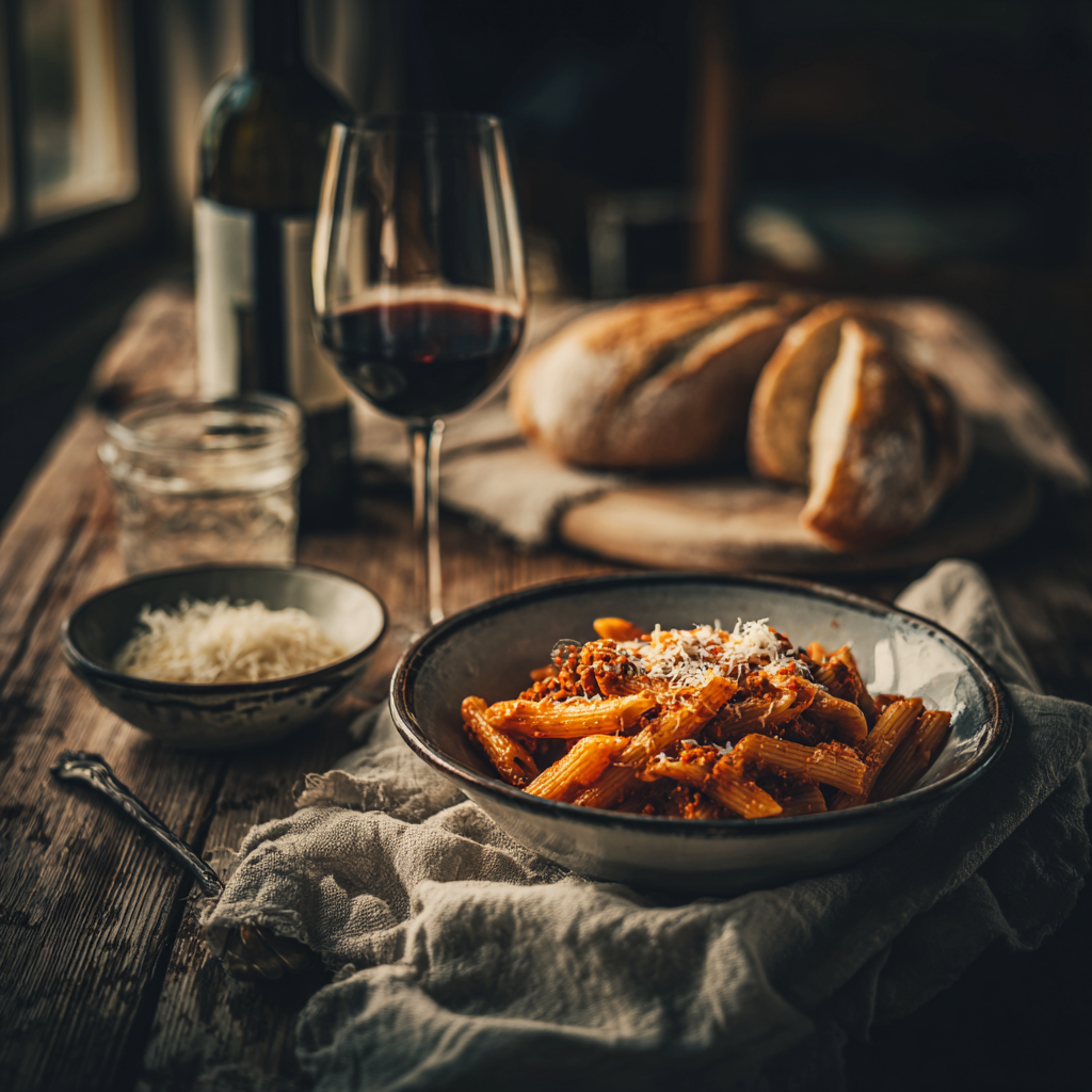 Italian dinner table scene with a bowl of spicy nduja pasta arrabbiata, a glass of red wine (Chianti), a plate of crusty bread, and a small bowl of grated cheese.