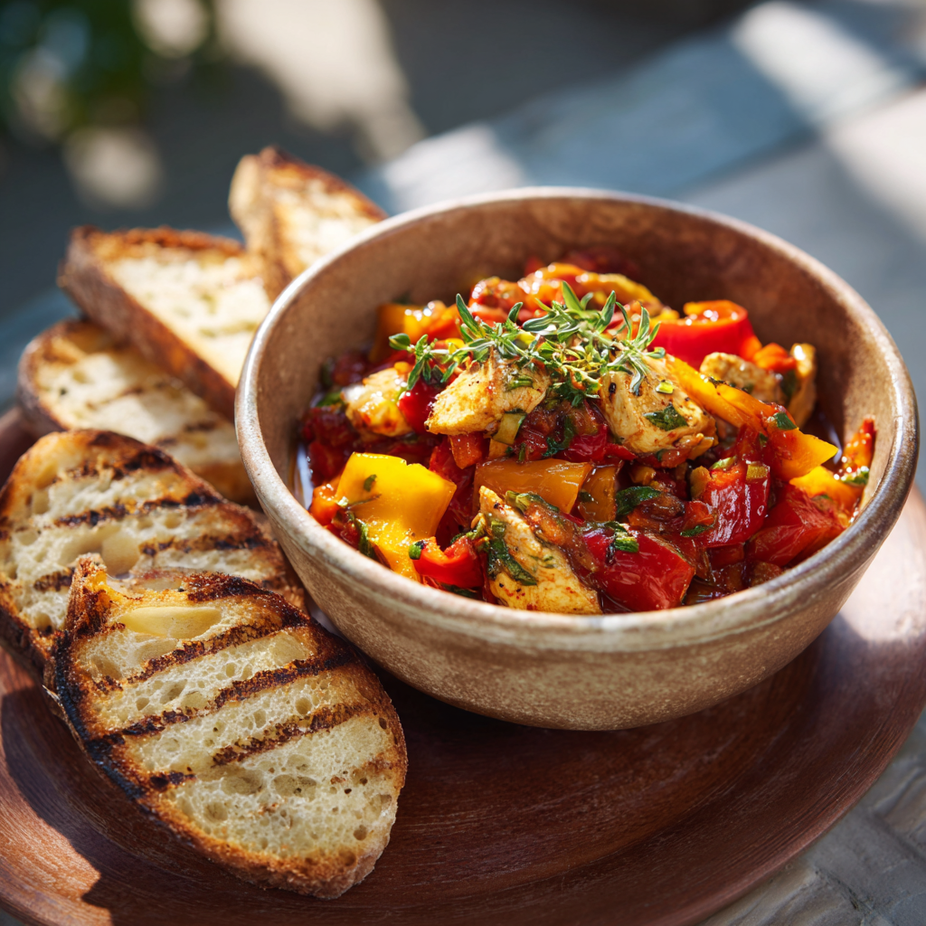 peperonata Calabrese served at room temperature, surrounded by grilled chicken and crusty bread slices.