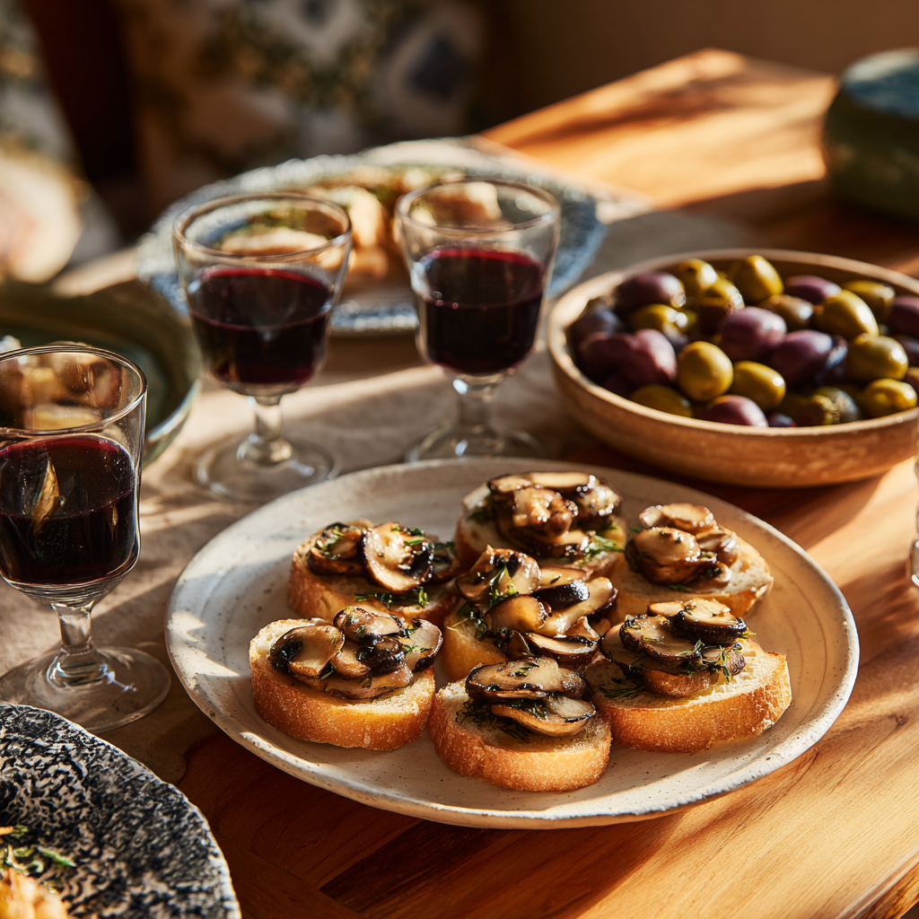 mushroom crostini, small wine glasses, and a bowl of marinated olives on the side.