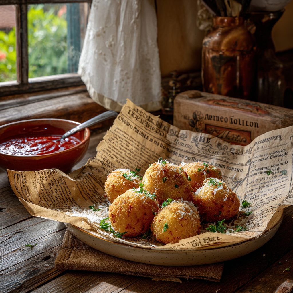 6 Supplì al telefono arranged on a parchment-lined plate, sprinkled with Parmesan and parsley, a small bowl of tomato sauce