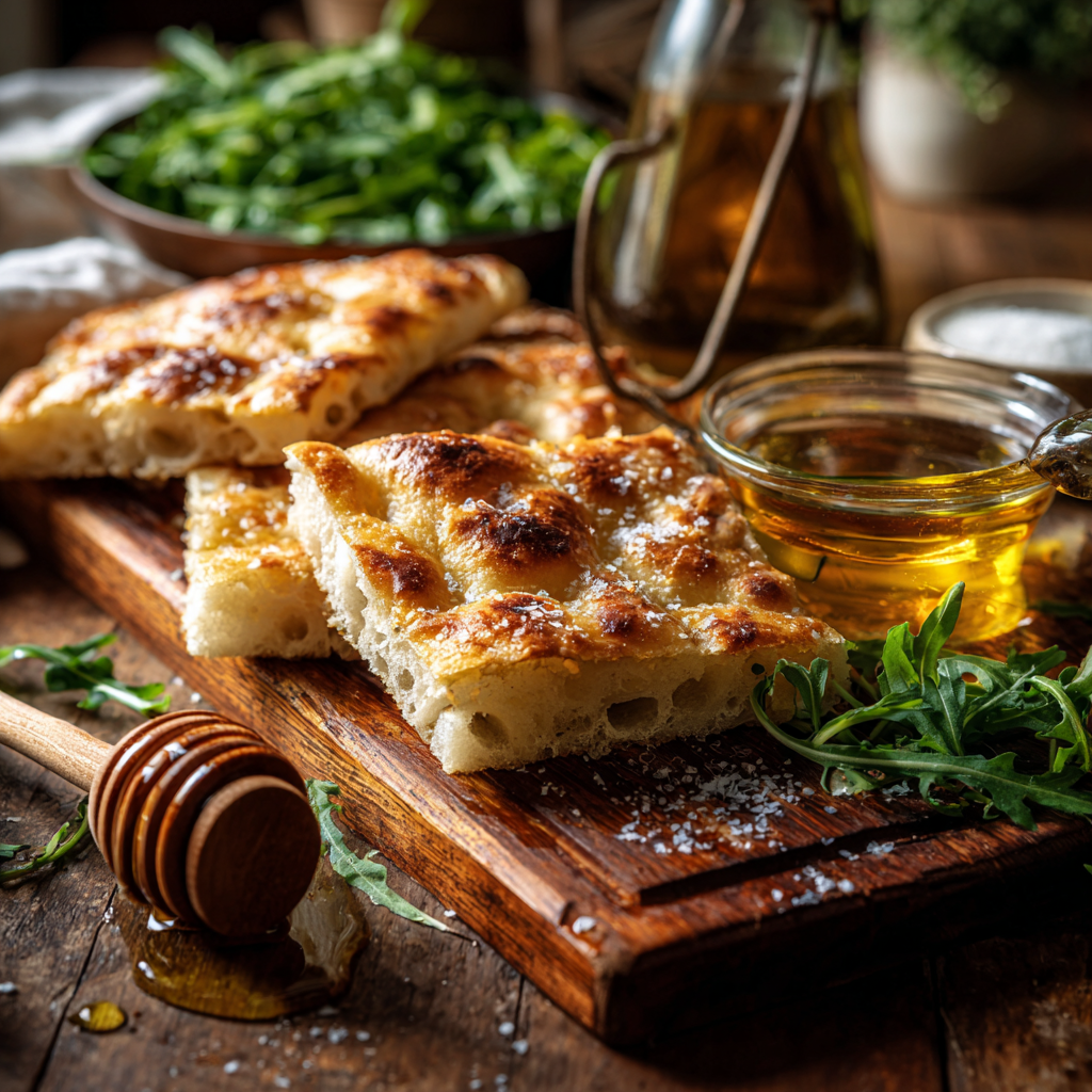 Focaccia di Recco served on a wooden board, drizzled with olive oil and sprinkled with flaky salt.