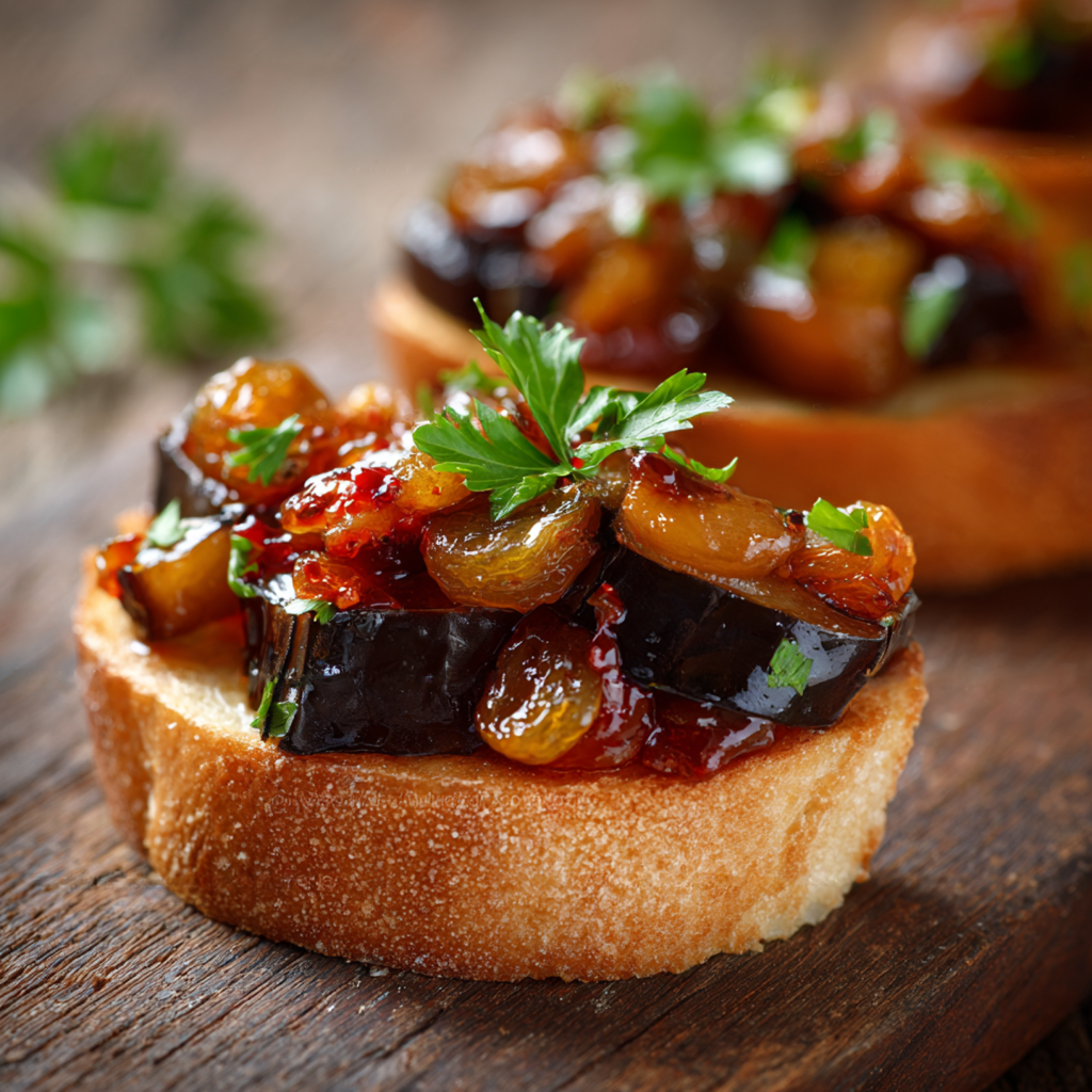A large serving bowl of Sicilian caponata with roasted eggplant, chunky tomato sauce, olives and capers, pine nuts, and fresh basil garnish,