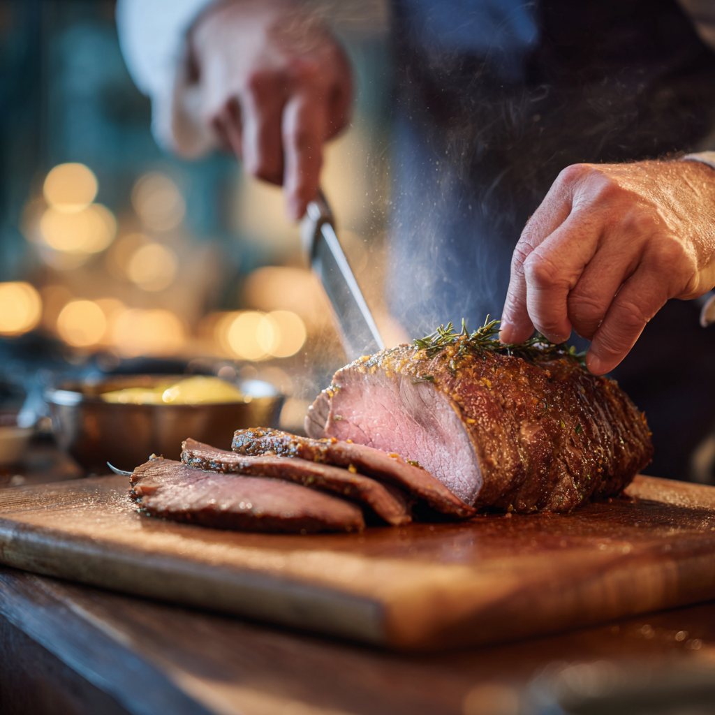 beef roast on a wooden cutting board, showing tender pink-brown slices.