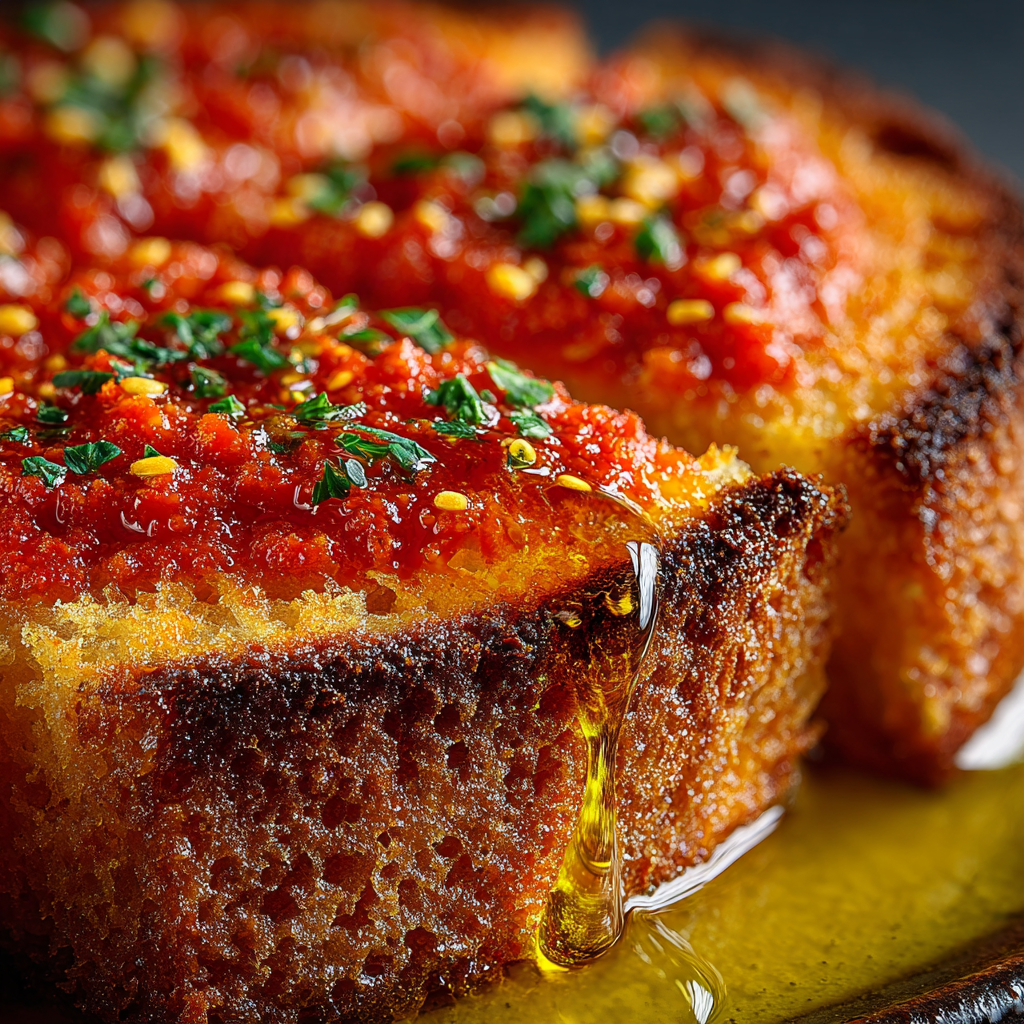 pappa al pomodoro, with visible tomato pulp, softened bread, and glistening olive oil drops.