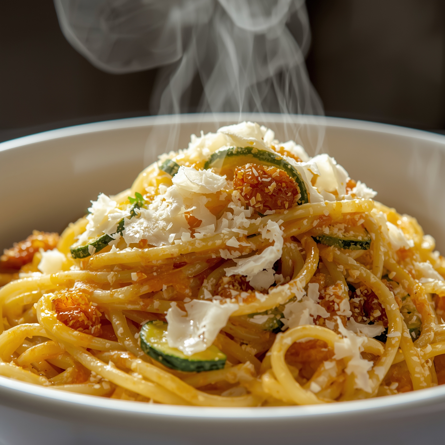 Spaghetti alla Nerano, showing glossy spaghetti strands coated in creamy sauce made from fried zucchini