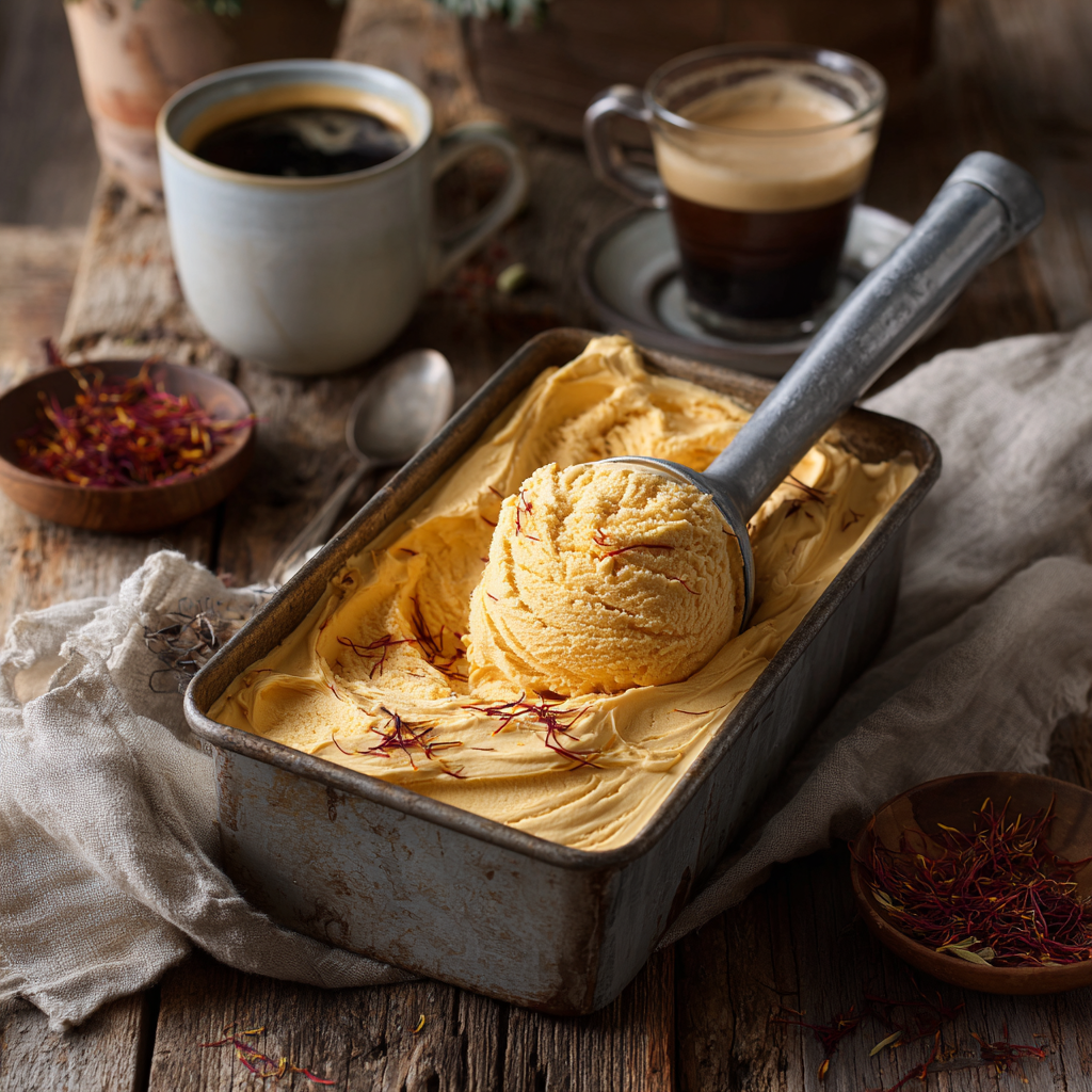 metal ice cream scoop resting on a container of freshly churned saffron gelato.