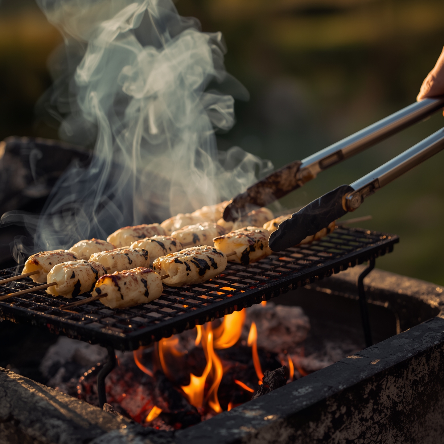 Outdoor charcoal grill in Martina Franca-style setup, skewers of bombette pugliesi sizzling over flame