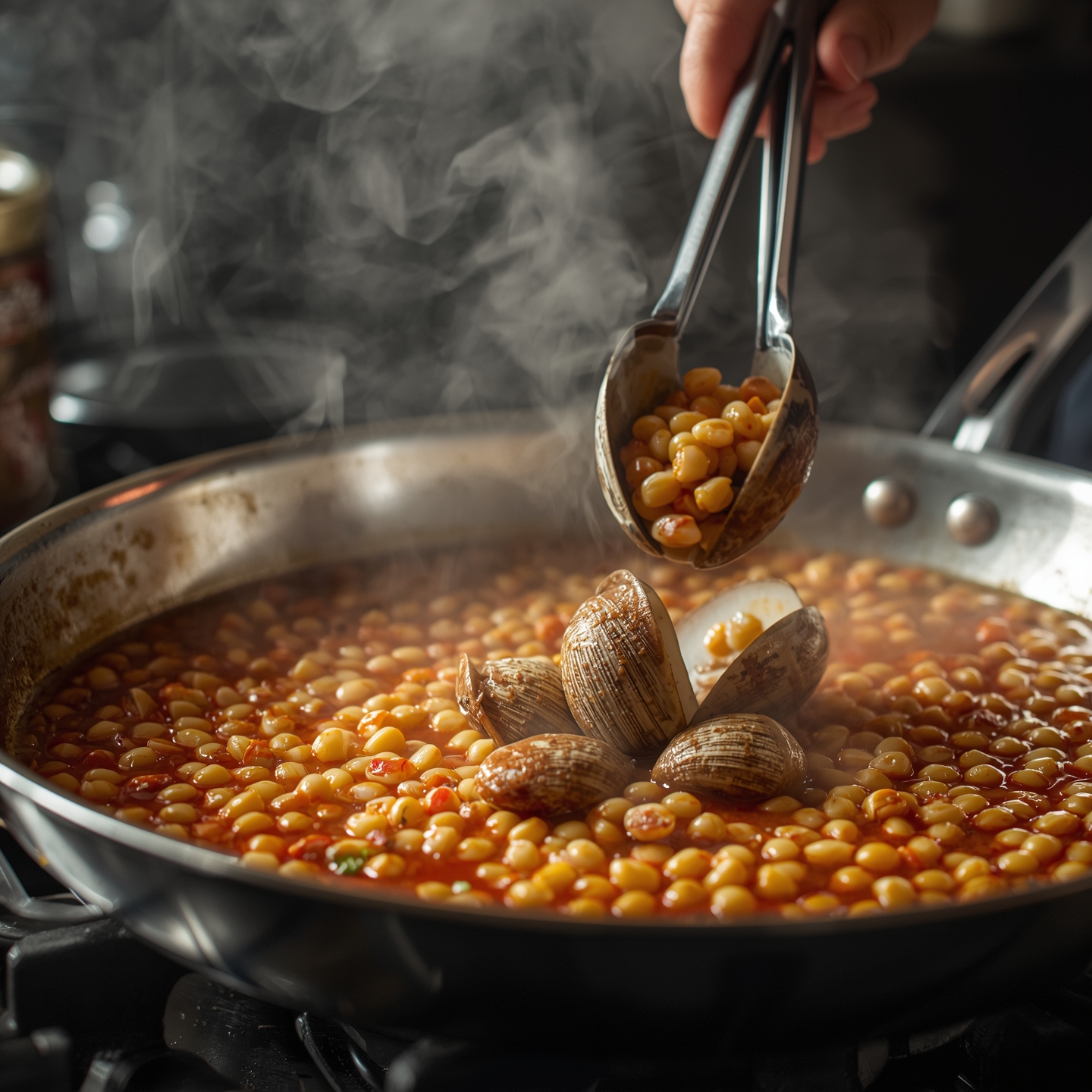 The toasted pasta pearls simmer in a light red tomato-olive oil broth as freshly steamed clams are being added in with tongs