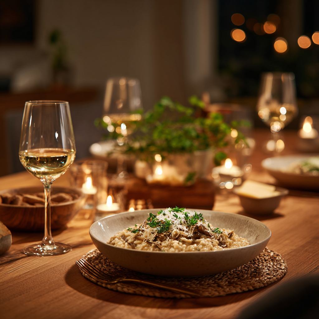 A wooden dining table set for four, with a shallow bowl of porcini risotto in focus, wine glasses