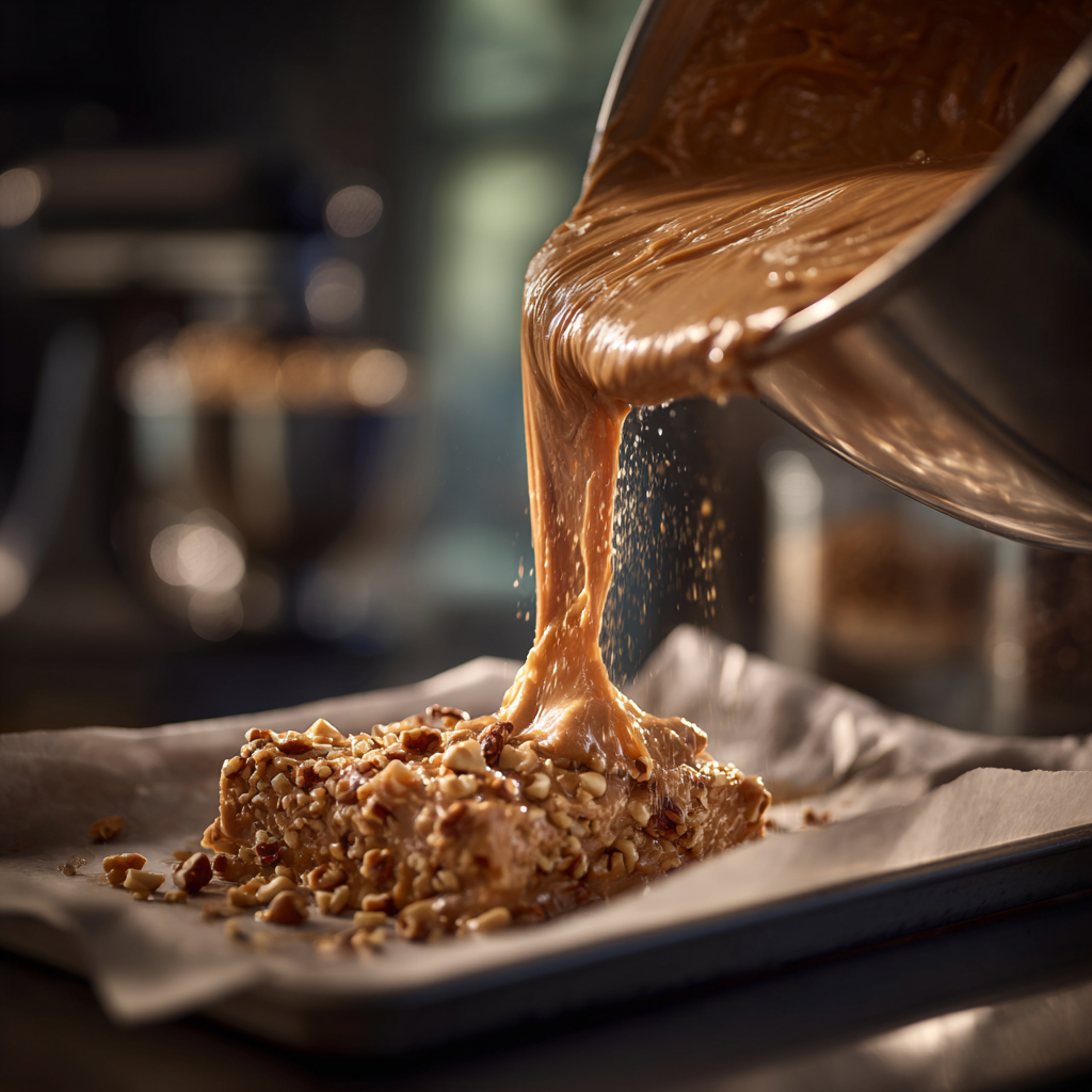 nougat mixture being poured from a stand mixer bowl into a tray lined with rice paper