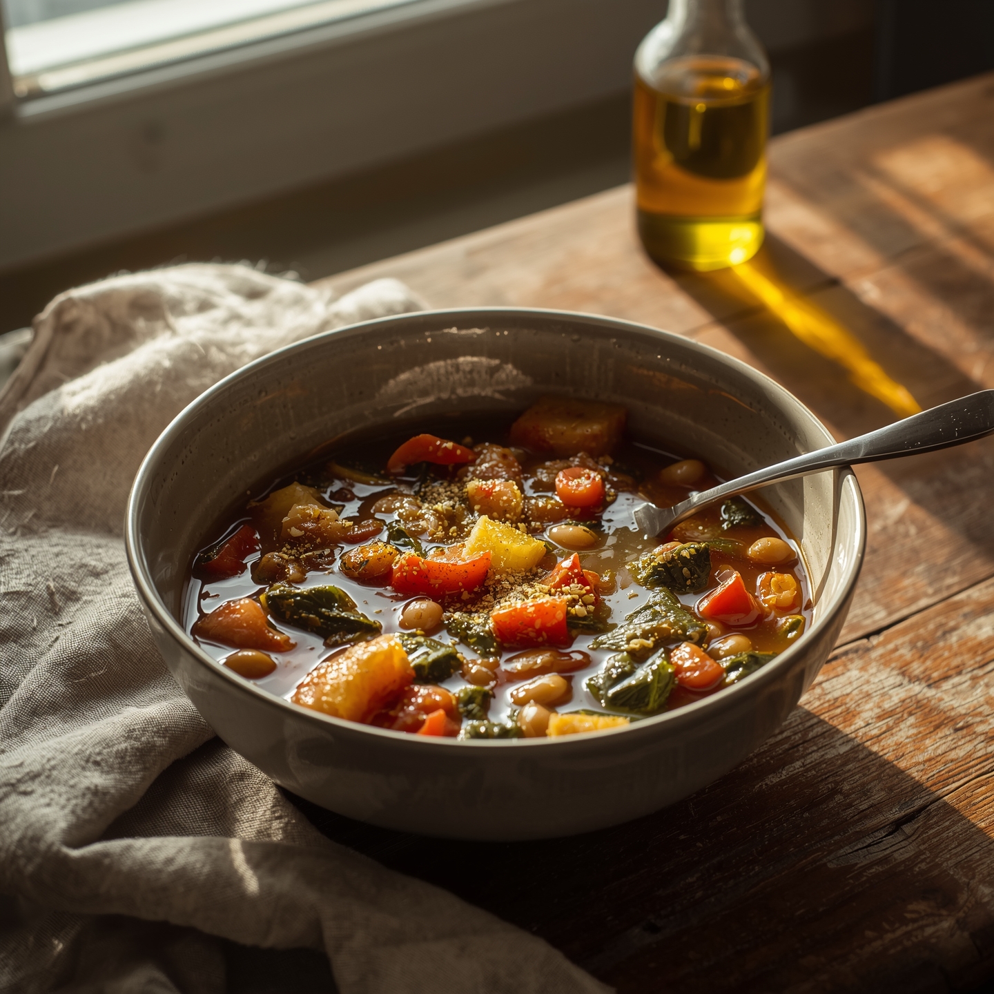 A cozy bowl of ribollita with cavolo nero, thick and hearty, filled with beans, tomatoes, and torn bread
