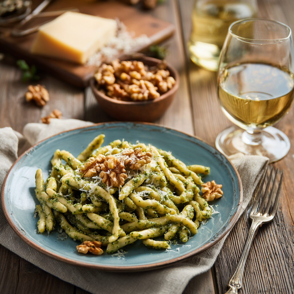 Italian dinner table setting with a plate of strozzapreti with walnut pesto, a small bowl of toasted walnuts, a wedge of Parmigiano, and a glass of white wine.