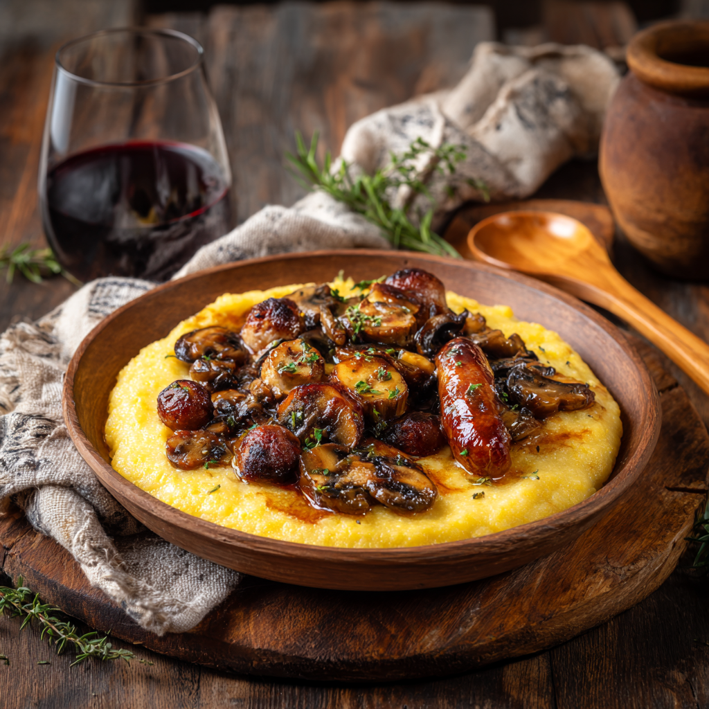 A rustic plate of polenta taragna served hot with sautéed mushrooms and grilled sausages on a wooden board.